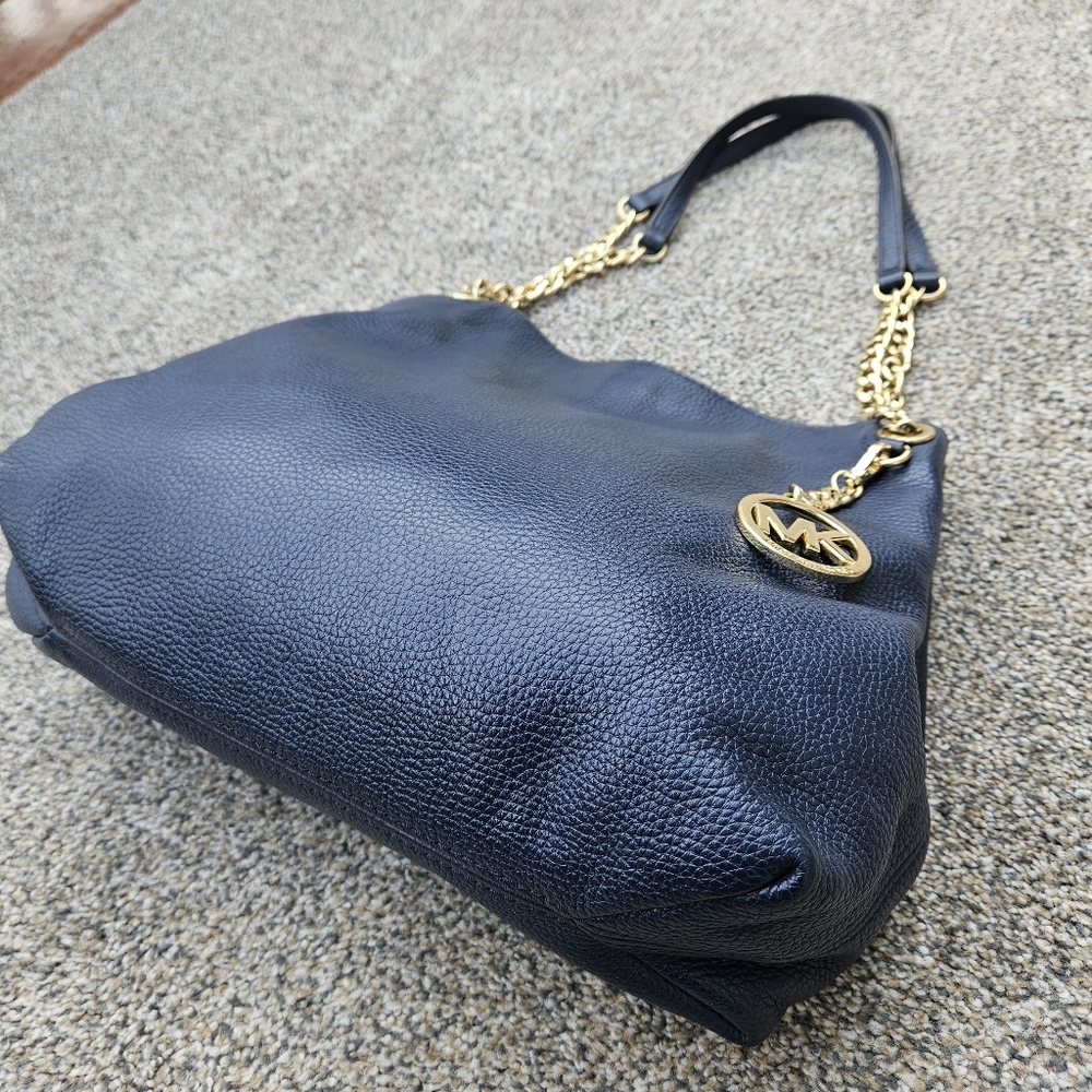 Michael Kors Jet Set Medium Navy Blue Chain Link Leather Shoulder Bag Purse - Picture 4 of 16